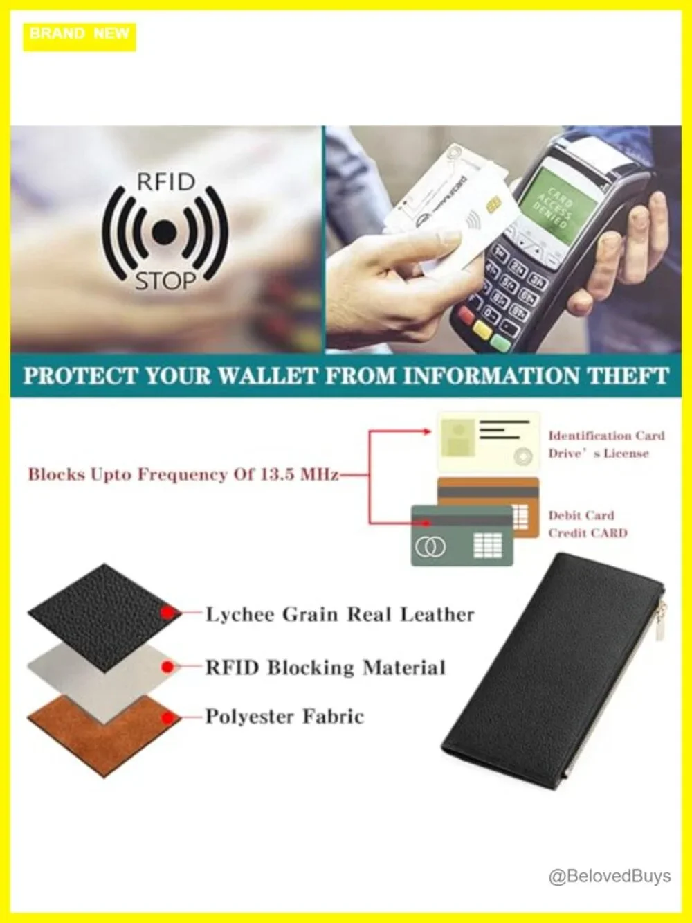 Slim RFID Blocking Bifold Wallet with Zip Coin Pocket, Vegan Pebble Leather, 7